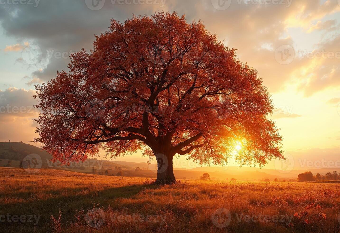 Majestic tree in autumn at sunset with a warm, golden glow. photo