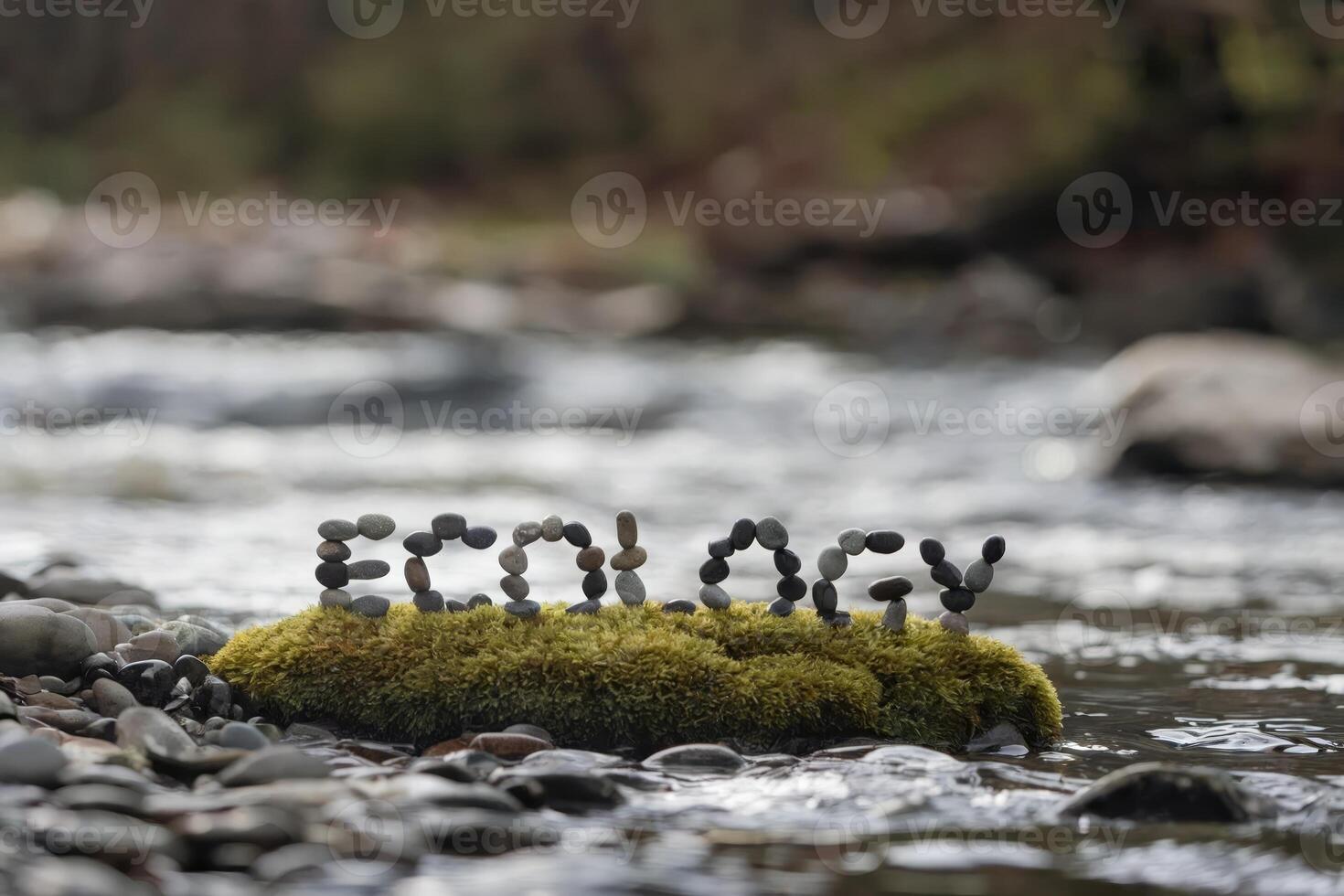 The word 'Ecology' spelled with pebbles on a mossy rock in a stream. photo