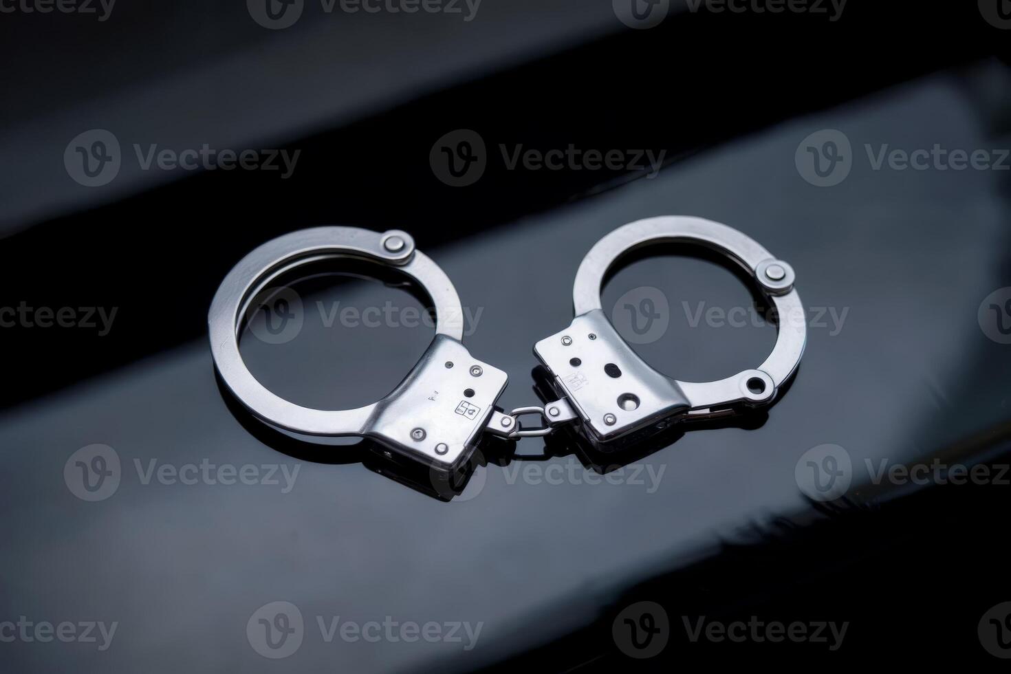 Close-up of metal handcuffs on a dark, reflective surface. photo
