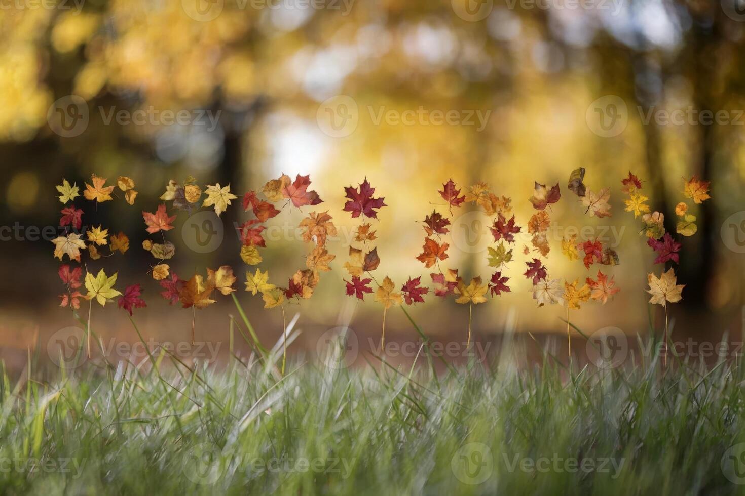 Autumn leaves spell out 'Autumn' against a blurred forest background. photo