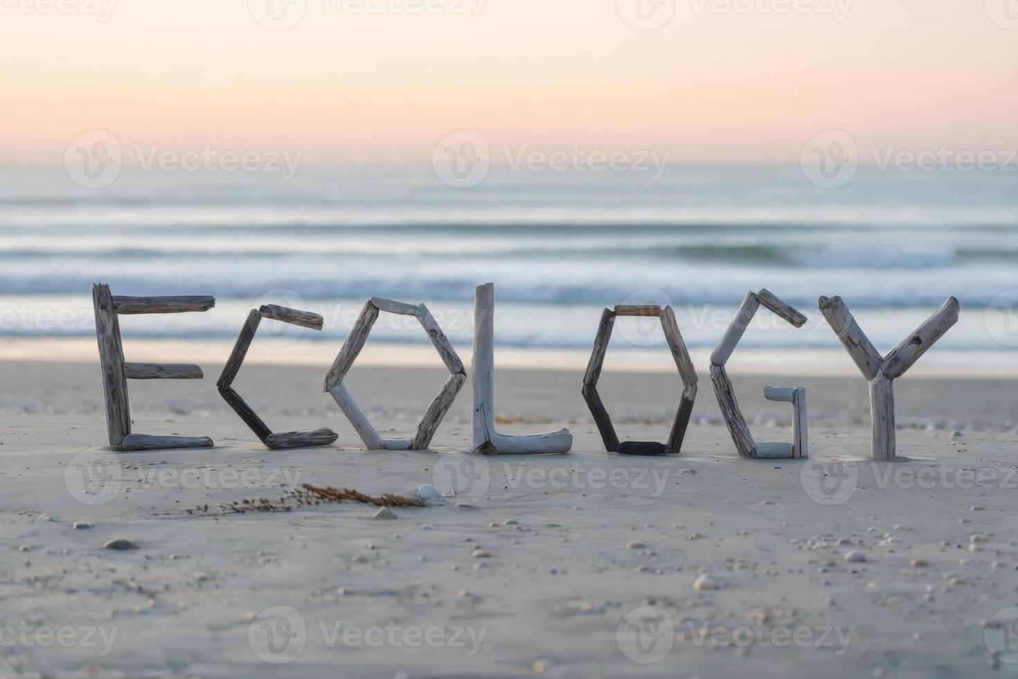 Driftwood spelling 'Ecology' on a serene beach at sunset. photo