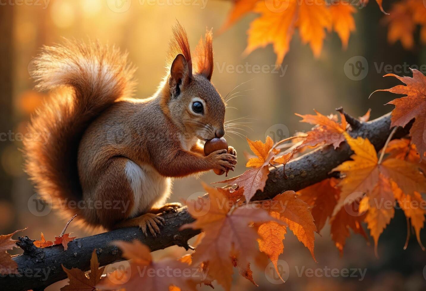 A red squirrel holding a nut on a branch amidst vibrant autumn foliage. photo