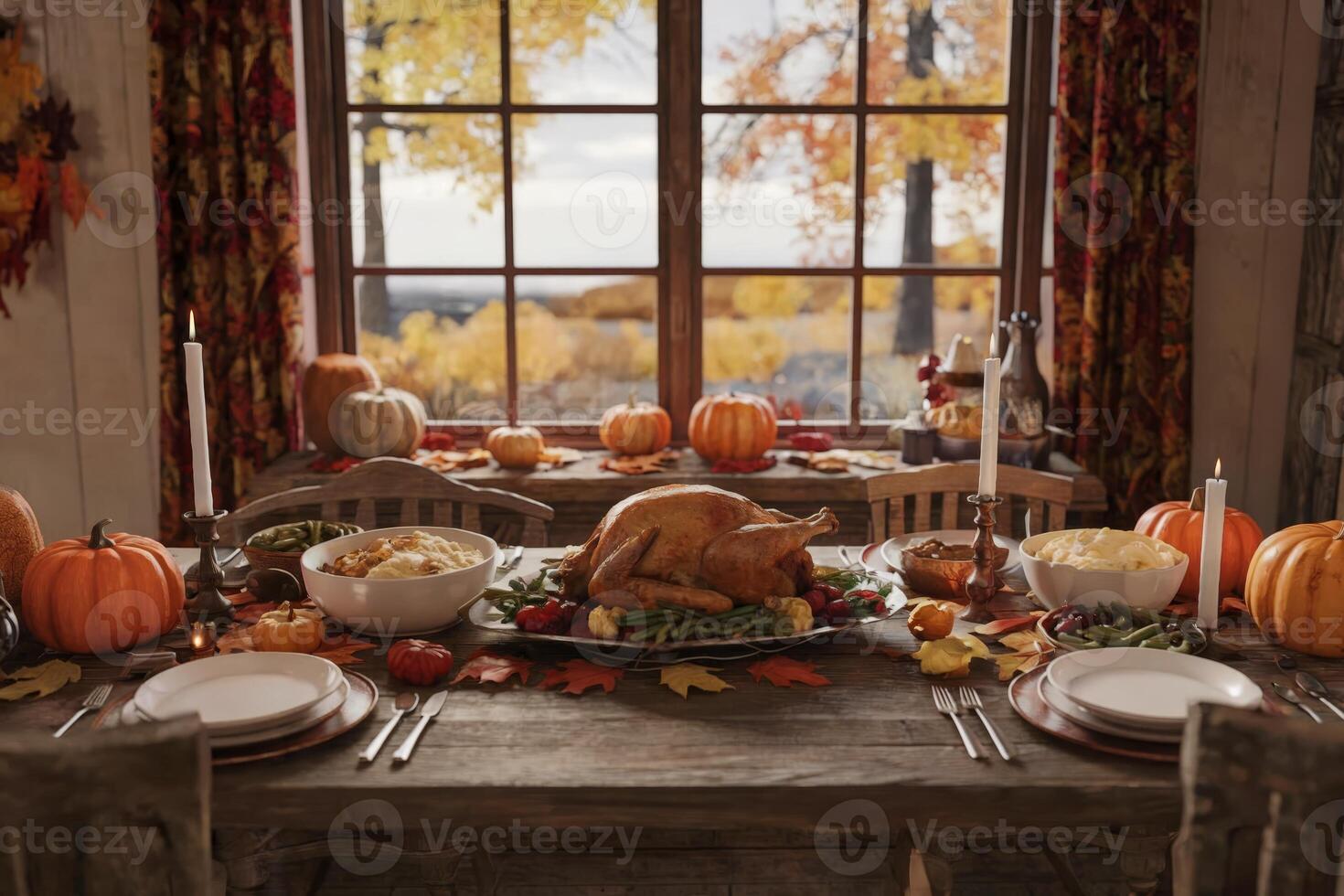 Thanksgiving dinner table set with roasted turkey and autumn decorations. photo