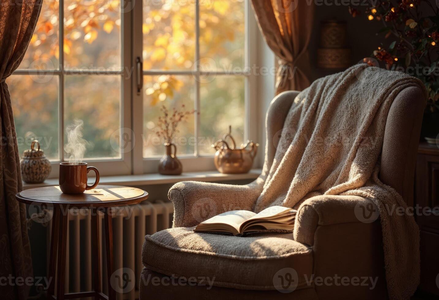 Cozy reading nook with a comfortable chair, blanket, and a steaming hot beverage. photo