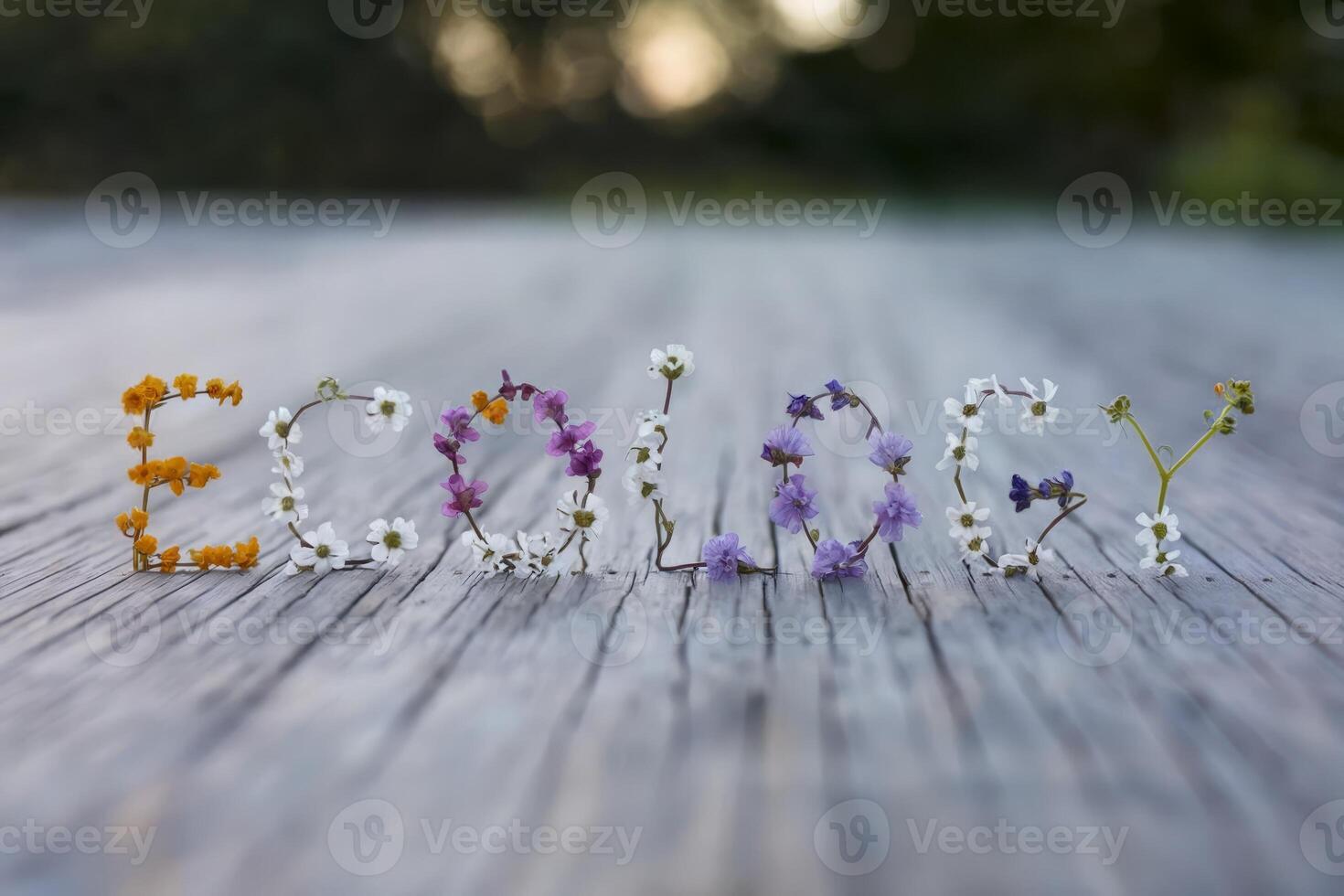 Colorful flowers spelling 'ECOLOGY' on a wooden surface in nature. photo