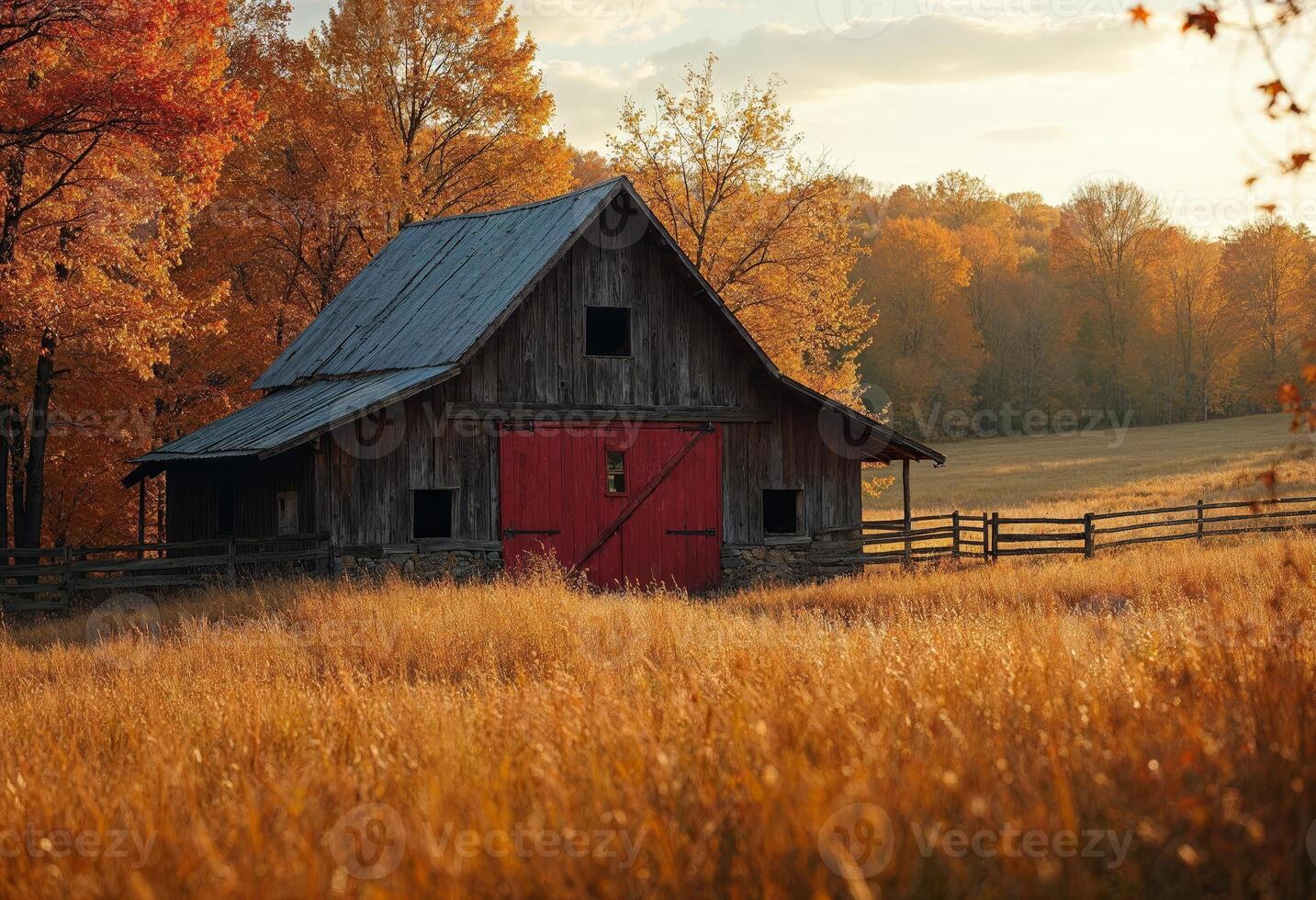 Old rustic barn with red door in a golden autumn countryside setting. photo