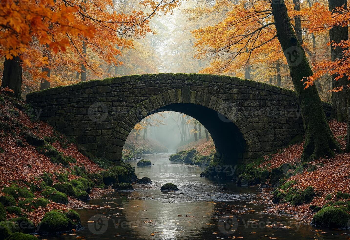 A stone bridge over a serene forest stream in autumn with vibrant fall colors. photo