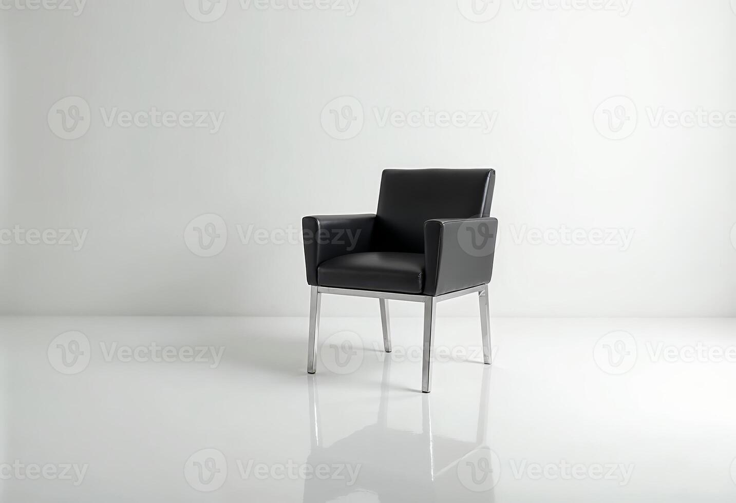 Modern black leather chair with a sleek design in a minimalist setting. photo