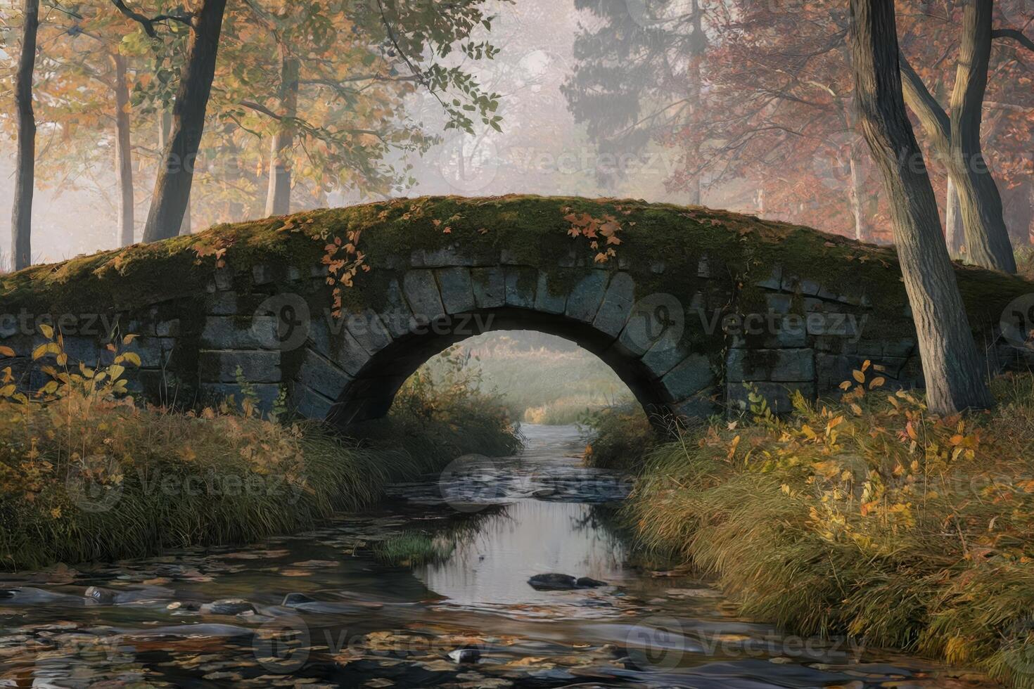 Mossy stone bridge over a calm stream in a misty autumn forest. photo