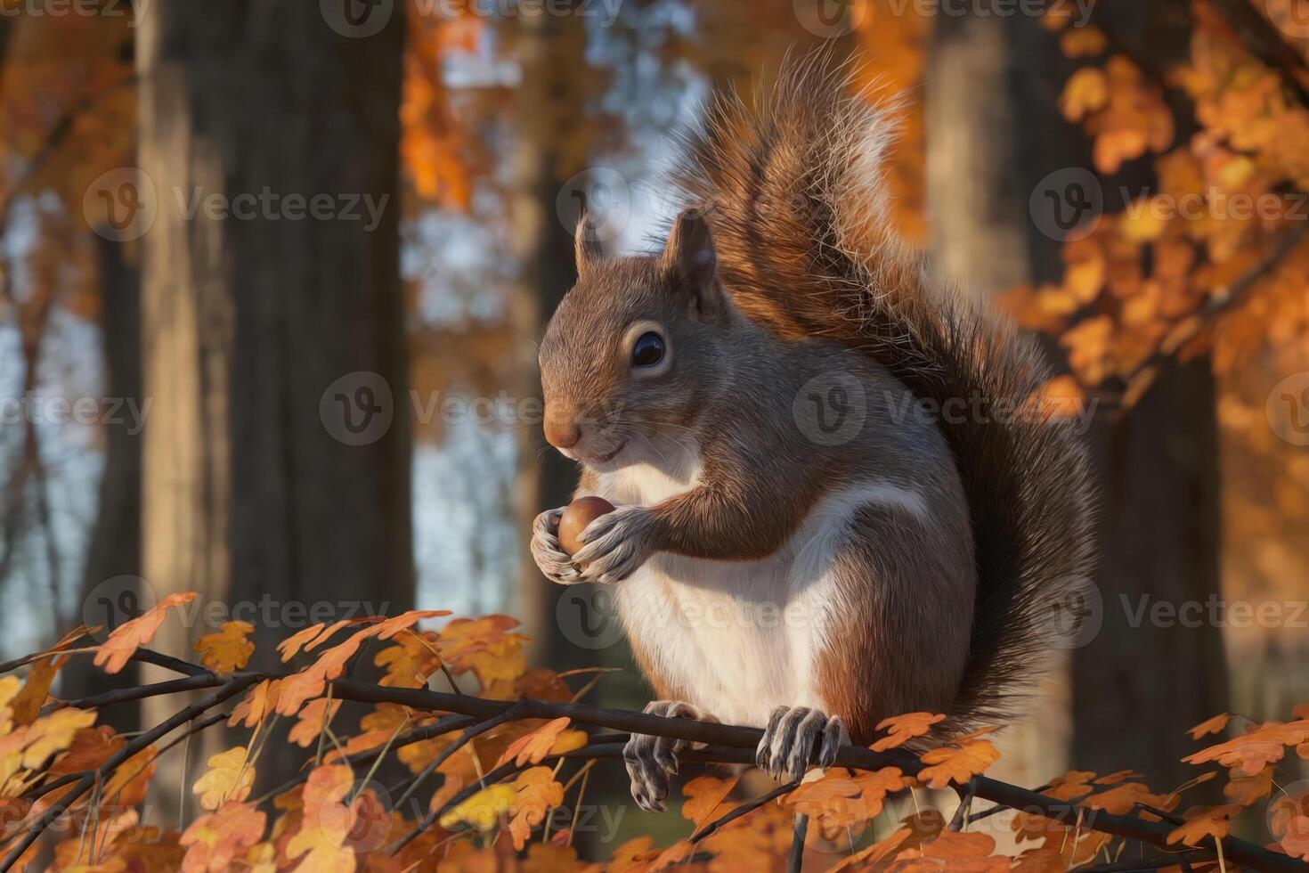 Squirrel holding an acorn on a tree branch in an autumn forest. photo