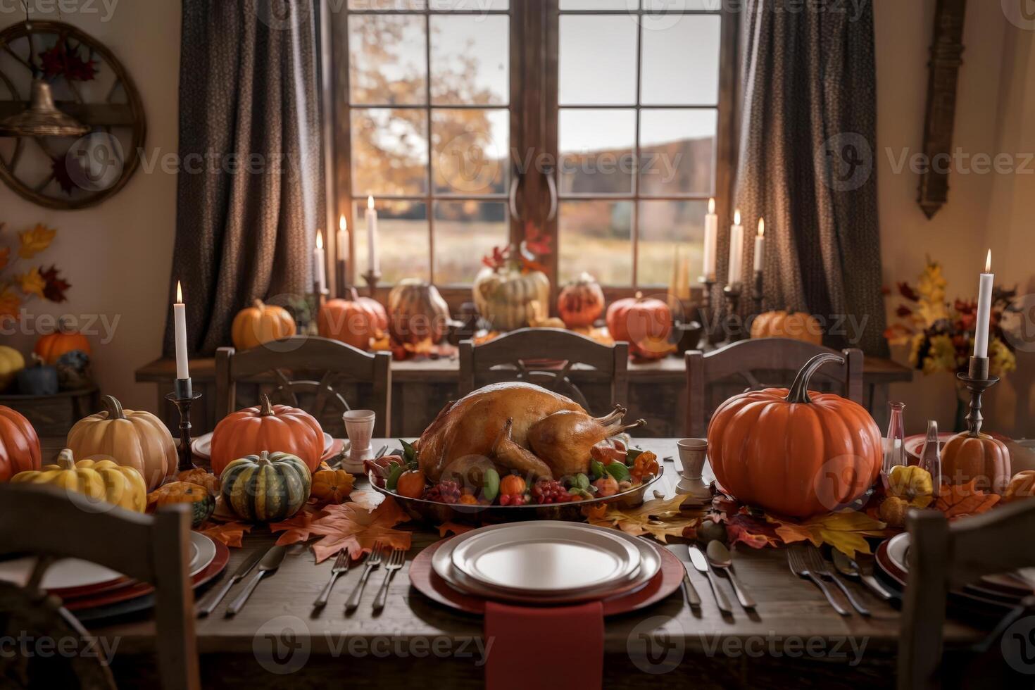 A cozy Thanksgiving dinner table set with roasted turkey and fall decor. photo