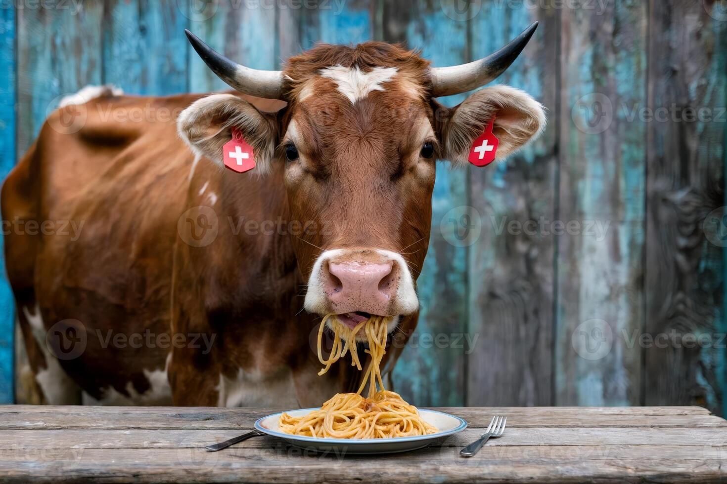 A Swiss cow amusingly eats spaghetti off a plate at a rustic table. photo