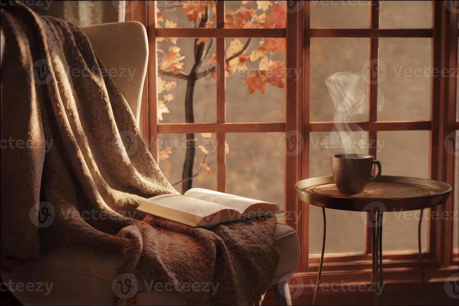 Cozy reading nook with open book, blanket, and steaming cup by the window. photo