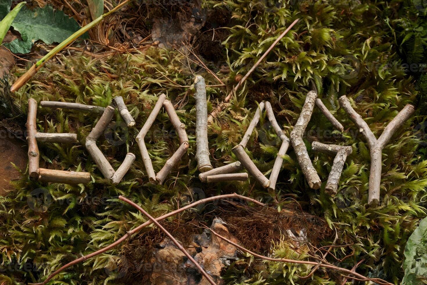 The word 'ECOLOGY' spelled with twigs on a mossy forest floor. photo
