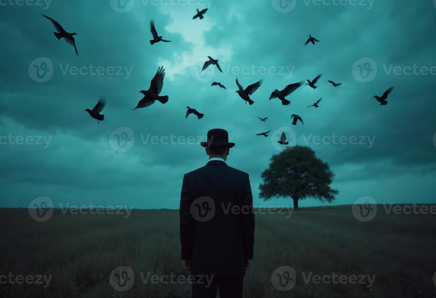 Man in a suit and bowler hat stands in a field under a dramatic sky with birds. photo