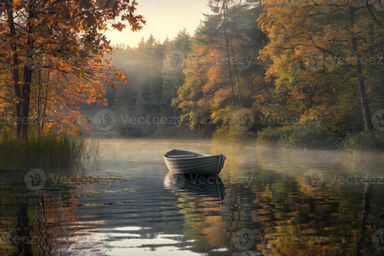 A serene boat floats on a misty forest lake during autumn. photo