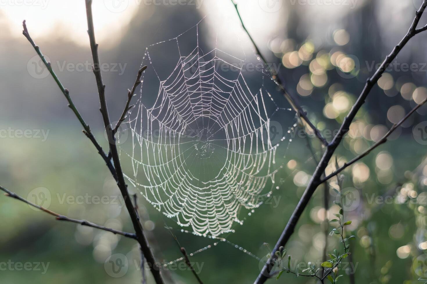 Intricate spider web glistening with morning dew in a natural setting. photo