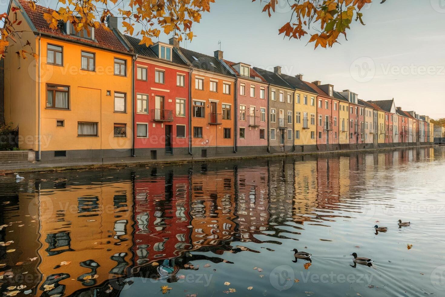 Colorful row houses reflecting in a calm canal with ducks swimming. photo