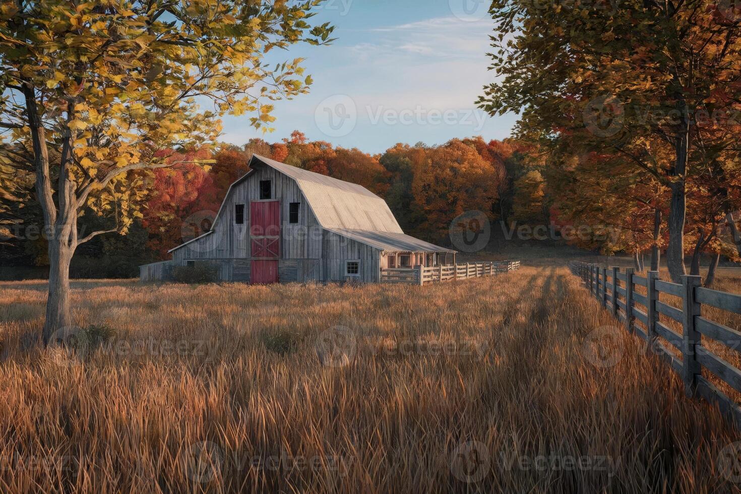 Rustic barn in an autumn field surrounded by trees with colorful leaves. photo