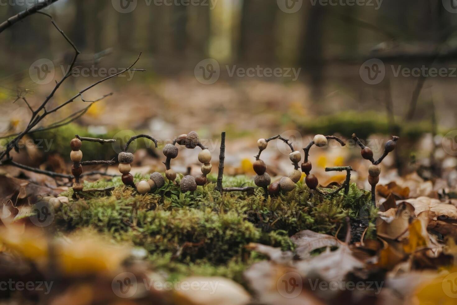 Acorns and twigs form 'Happy' in a forest setting, surrounded by fallen leaves. photo