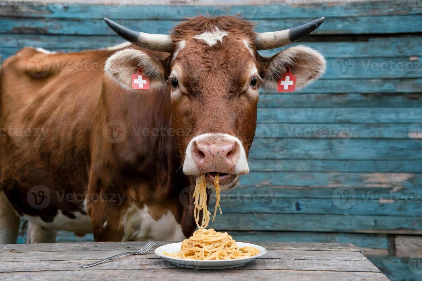 Brown cow standing and eating spaghetti from a plate on a wooden surface. photo