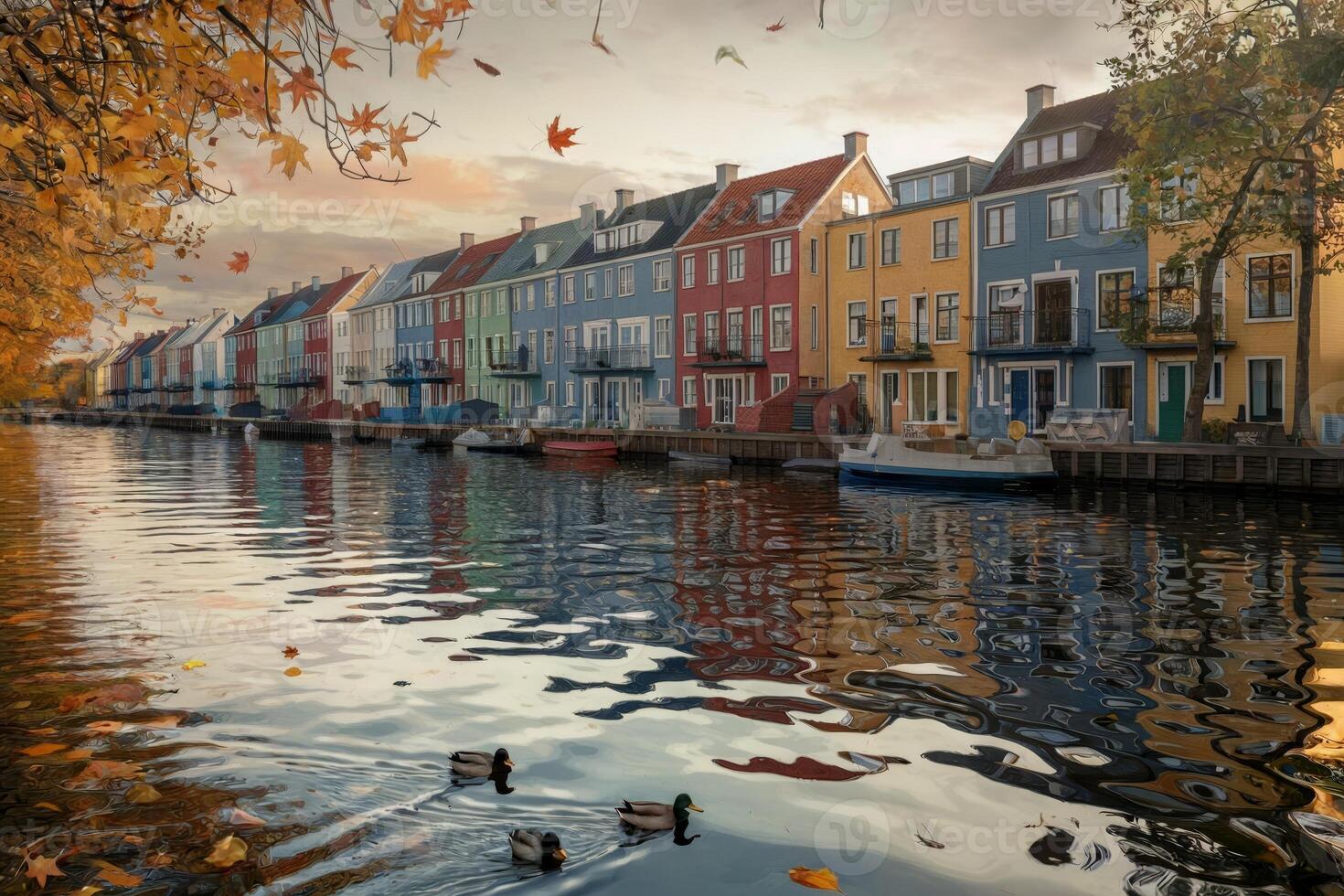 Vibrant row of colorful houses reflecting in a serene canal at dusk. photo