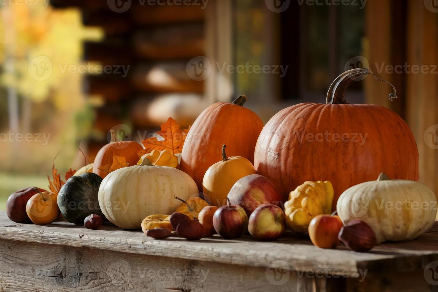 Colorful pumpkins and gourds displayed on a rustic wooden table outdoors. photo