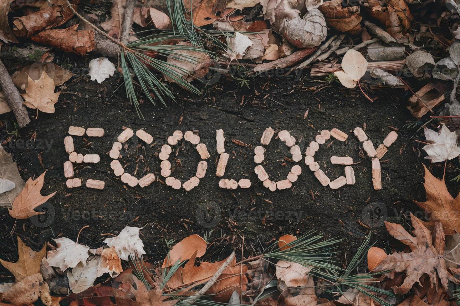 Natural elements spelling 'Ecology' surrounded by autumn leaves. photo