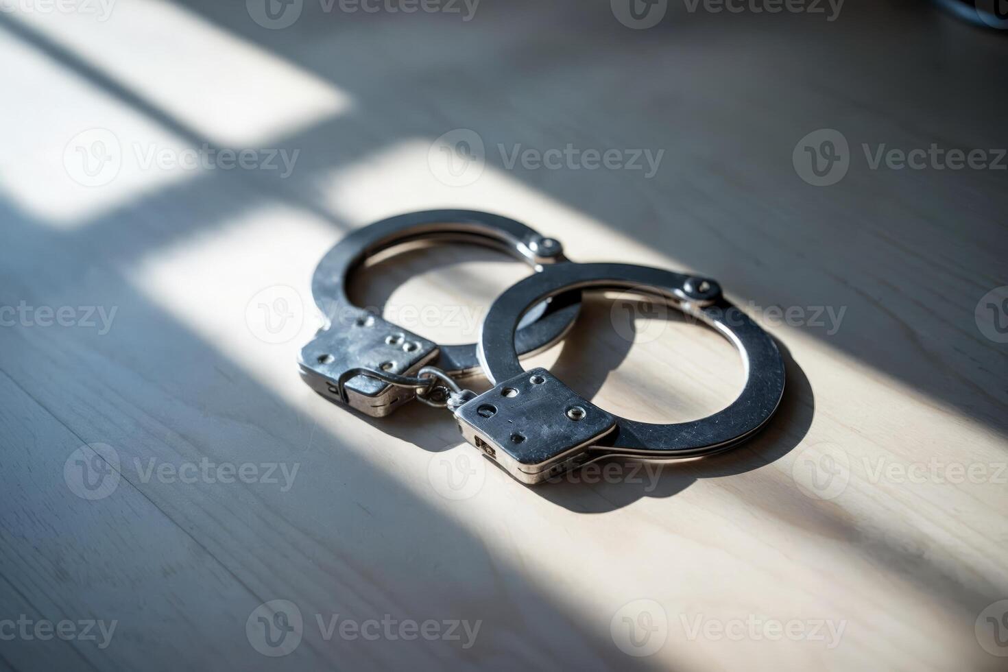 Close-up of metal handcuffs casting shadows on a wooden surface. photo