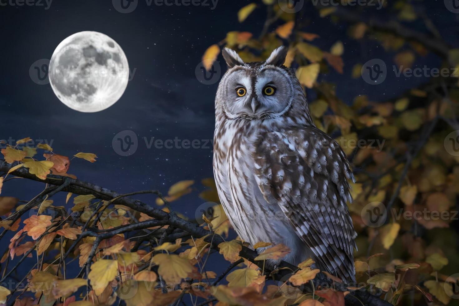 Majestic owl perched on a branch under a full moon during a starry night. photo