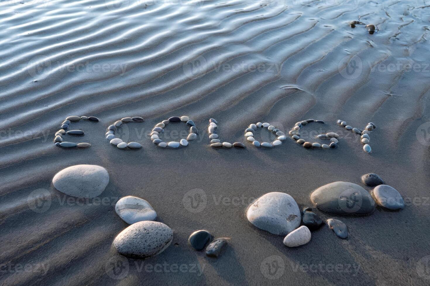 Eco-friendly message spelled with stones on a ripple-marked sandy beach. photo
