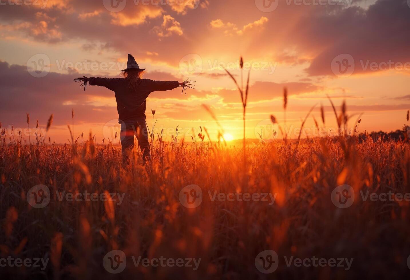 A scarecrow standing in a golden field at sunset, silhouetted against the sky. photo