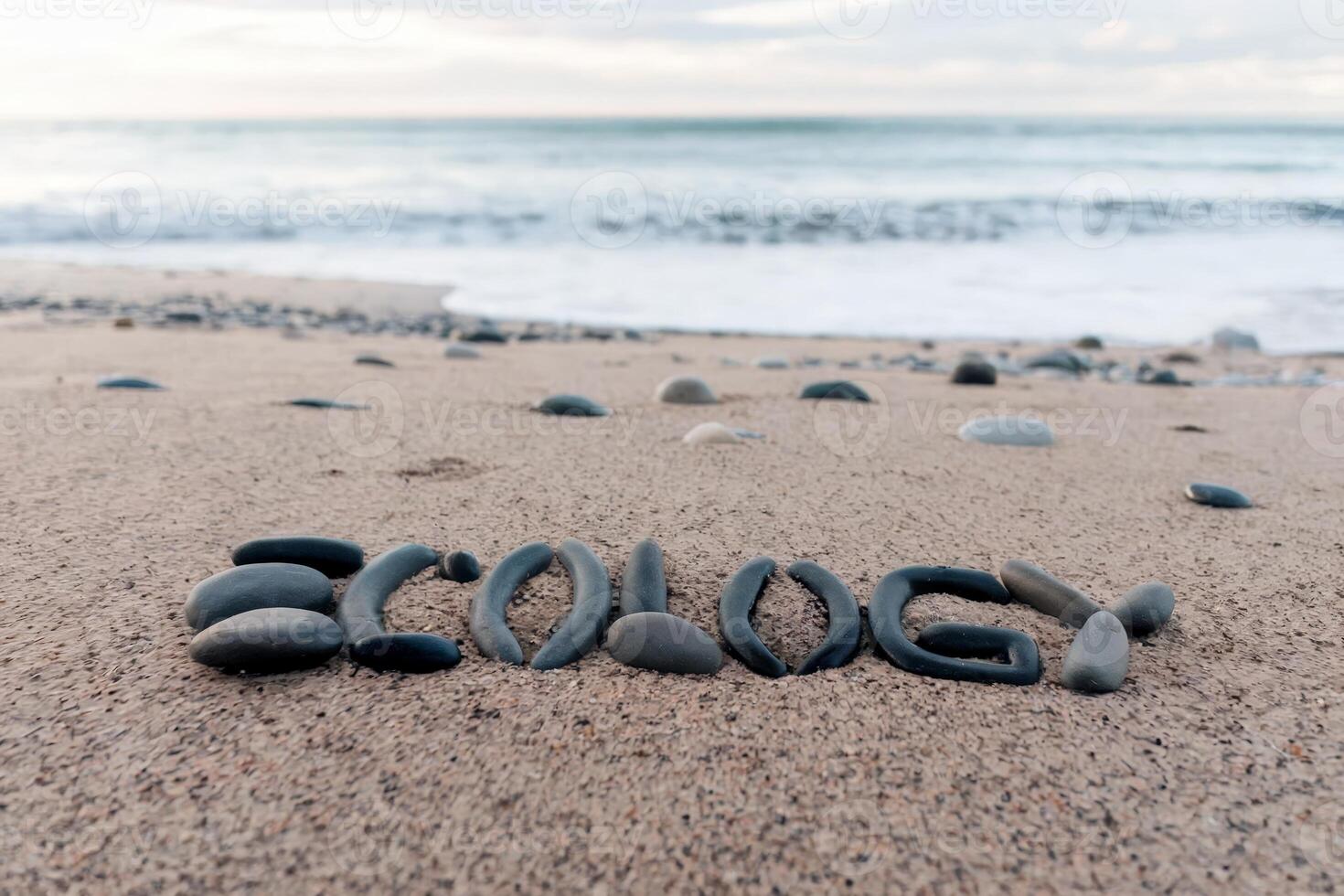 The word 'ecology' spelled with rocks on a sandy beach near the ocean waves. photo