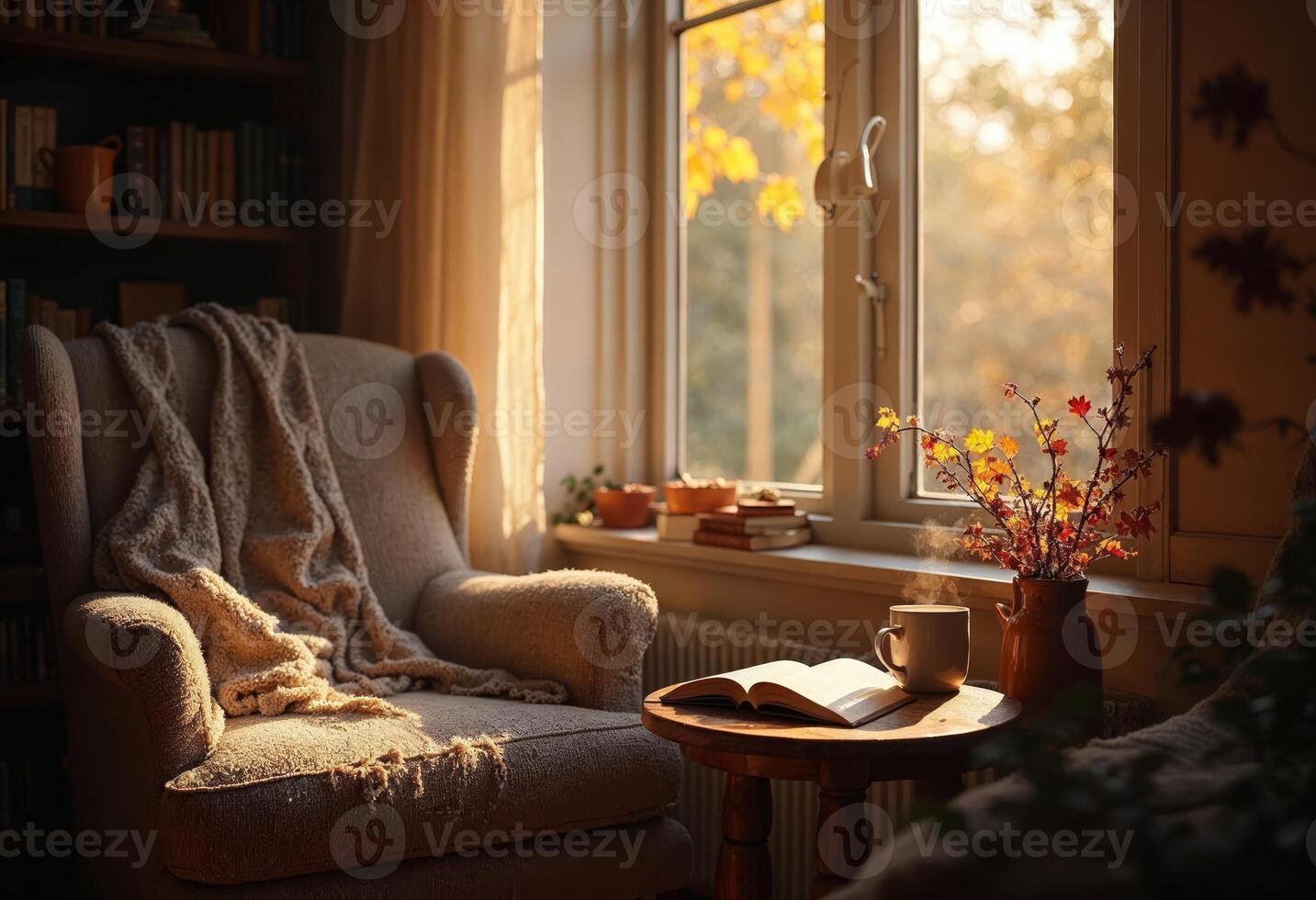 Cozy reading nook with armchair, book, and warm fall sunlight. photo