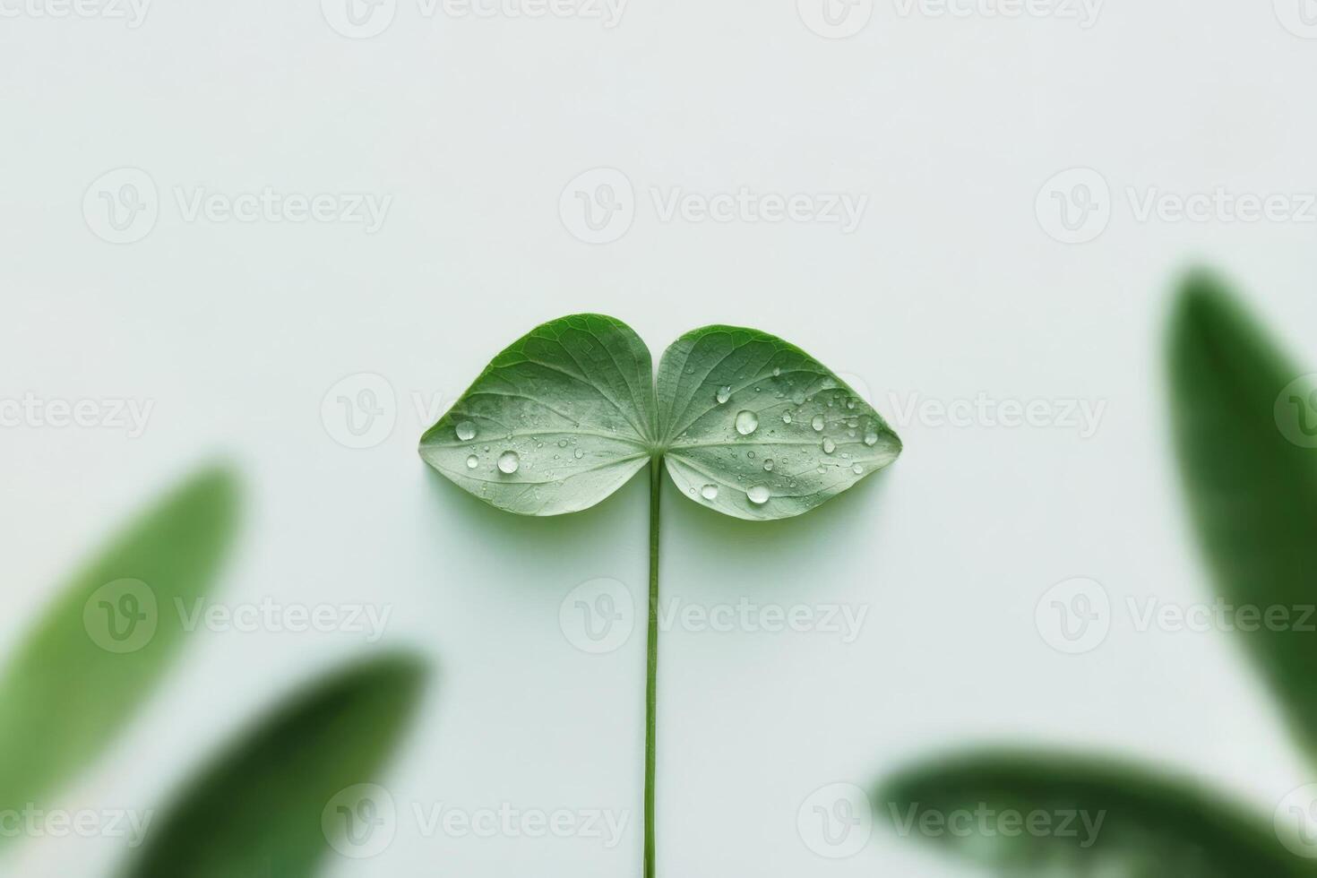 Close-up of green leaves with water droplets resembling butterfly wings. photo
