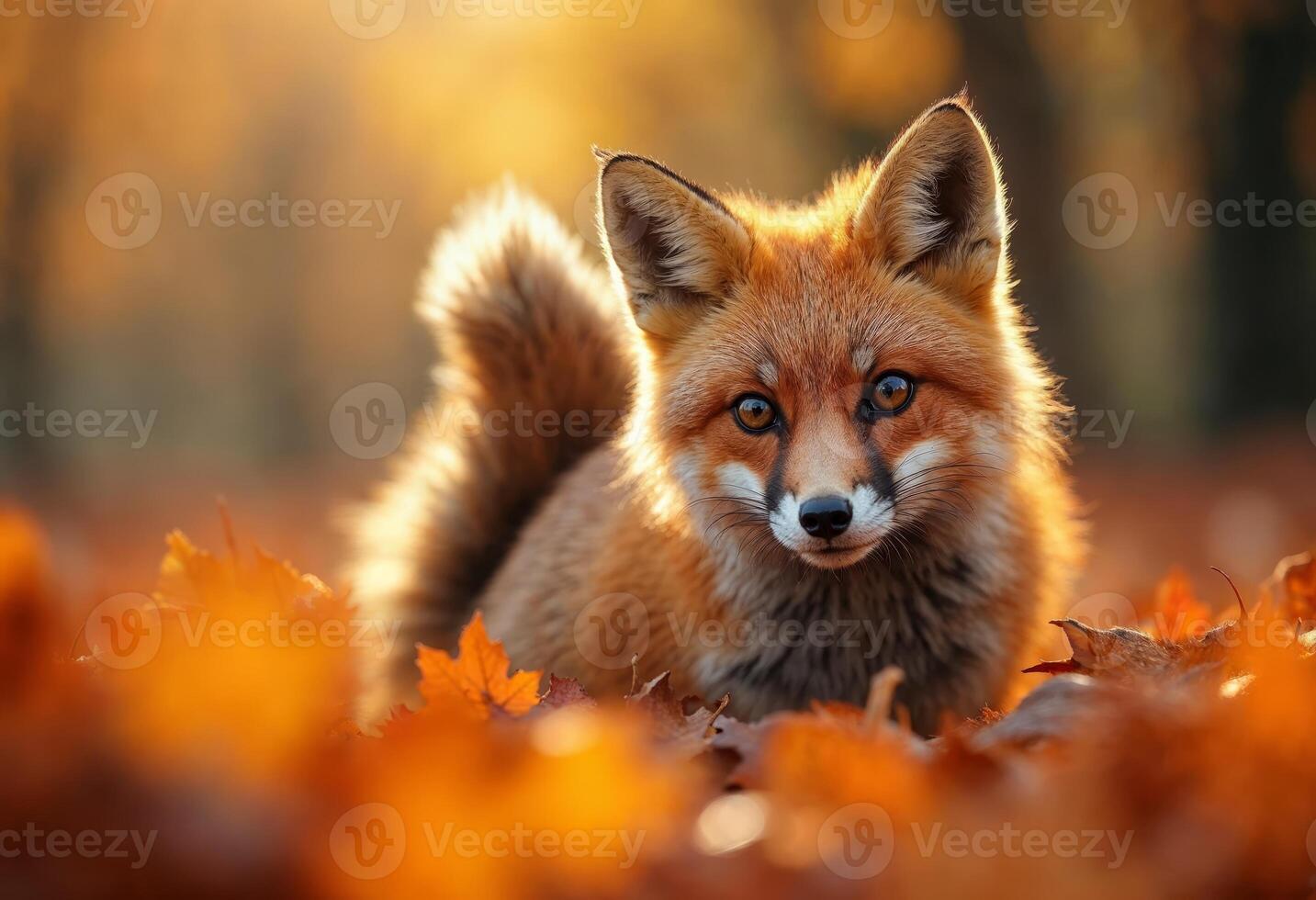 A red fox stands among autumn leaves in a sunlit forest setting. photo