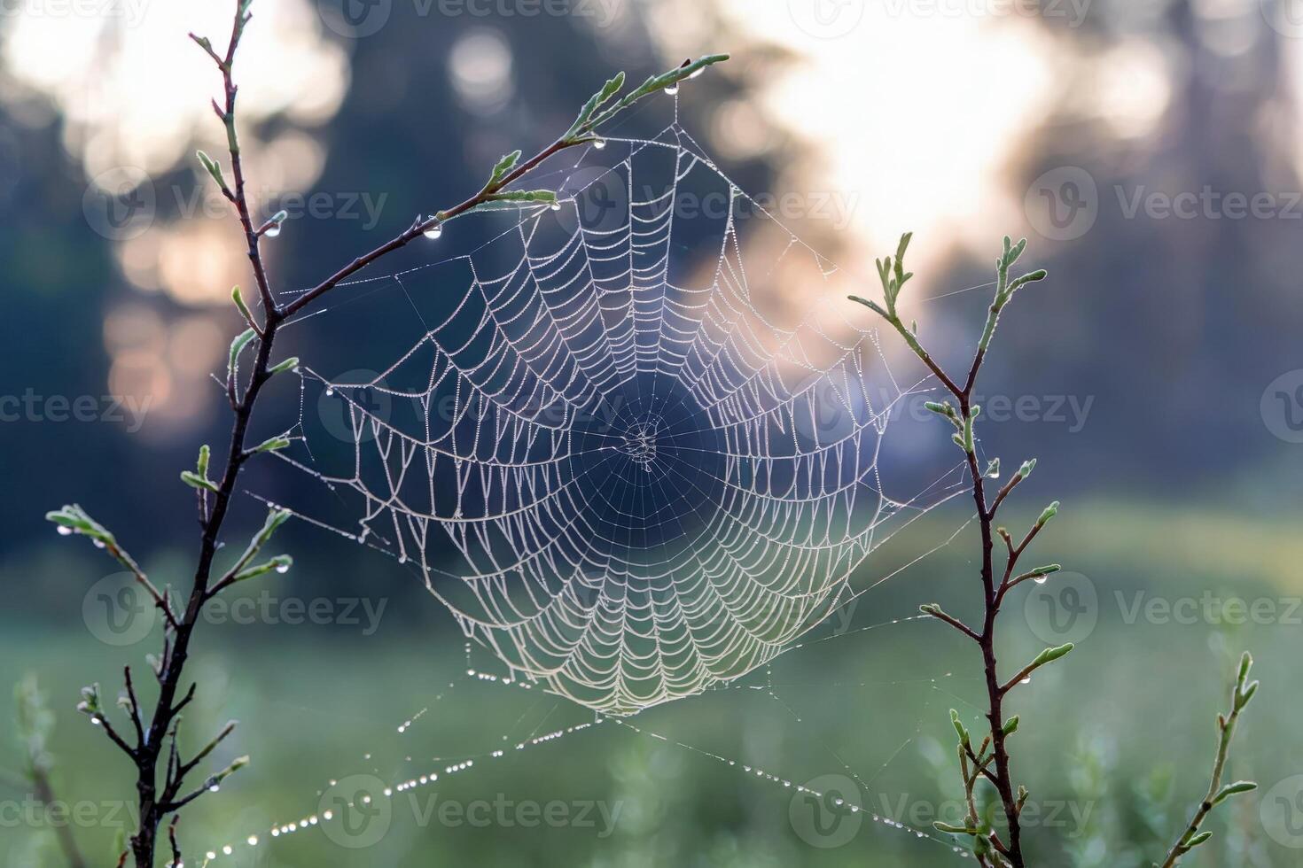 Morning dew on a spider web between two branches in a foggy forest. photo