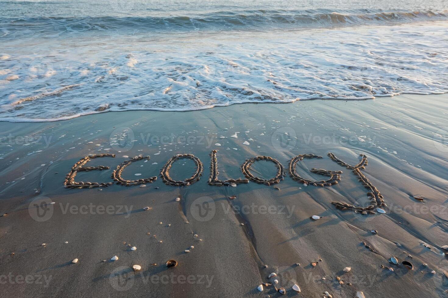 Word 'ecology' written on a sandy beach with gentle ocean waves. photo