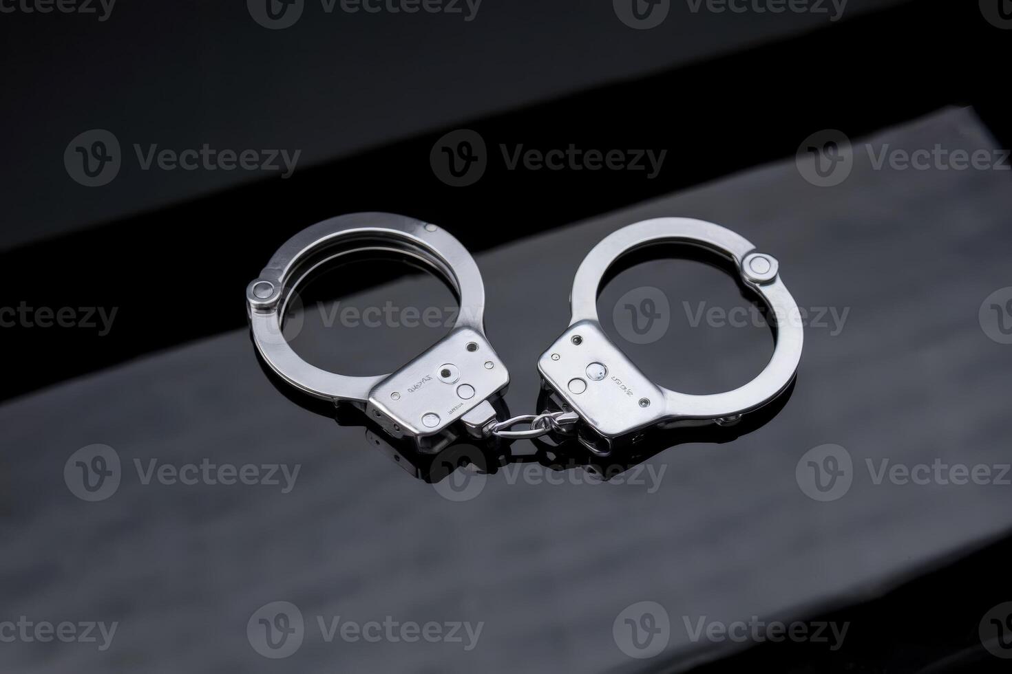 Close-up of shiny handcuffs on a reflective black surface. photo