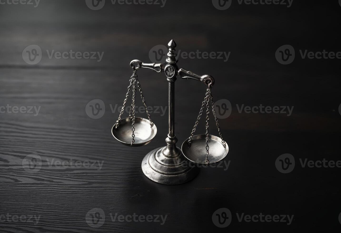 Silver balance scale on dark wooden table, symbolizing justice and equality. photo