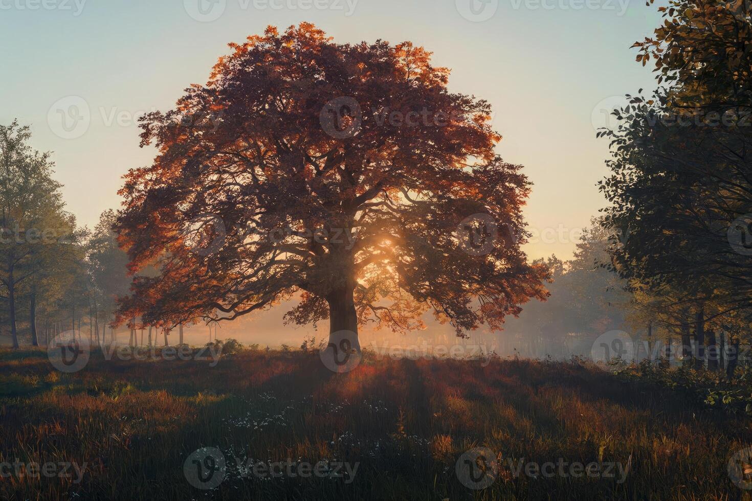 Majestic oak tree bathed in golden sunlight during a serene autumn morning. photo