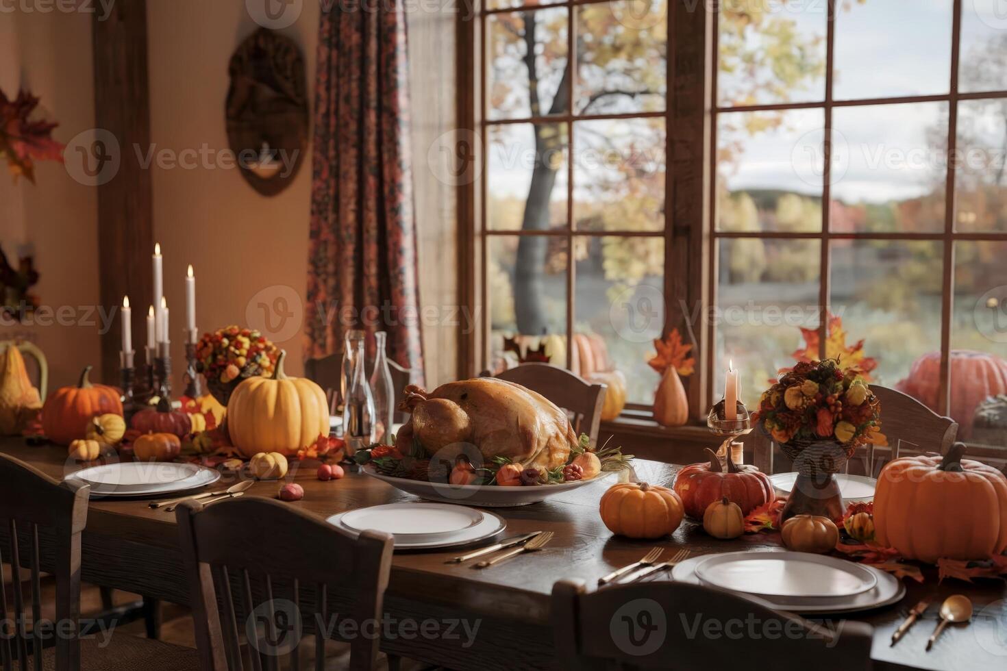 Elegant Thanksgiving table setting with autumn decorations and roasted turkey. photo