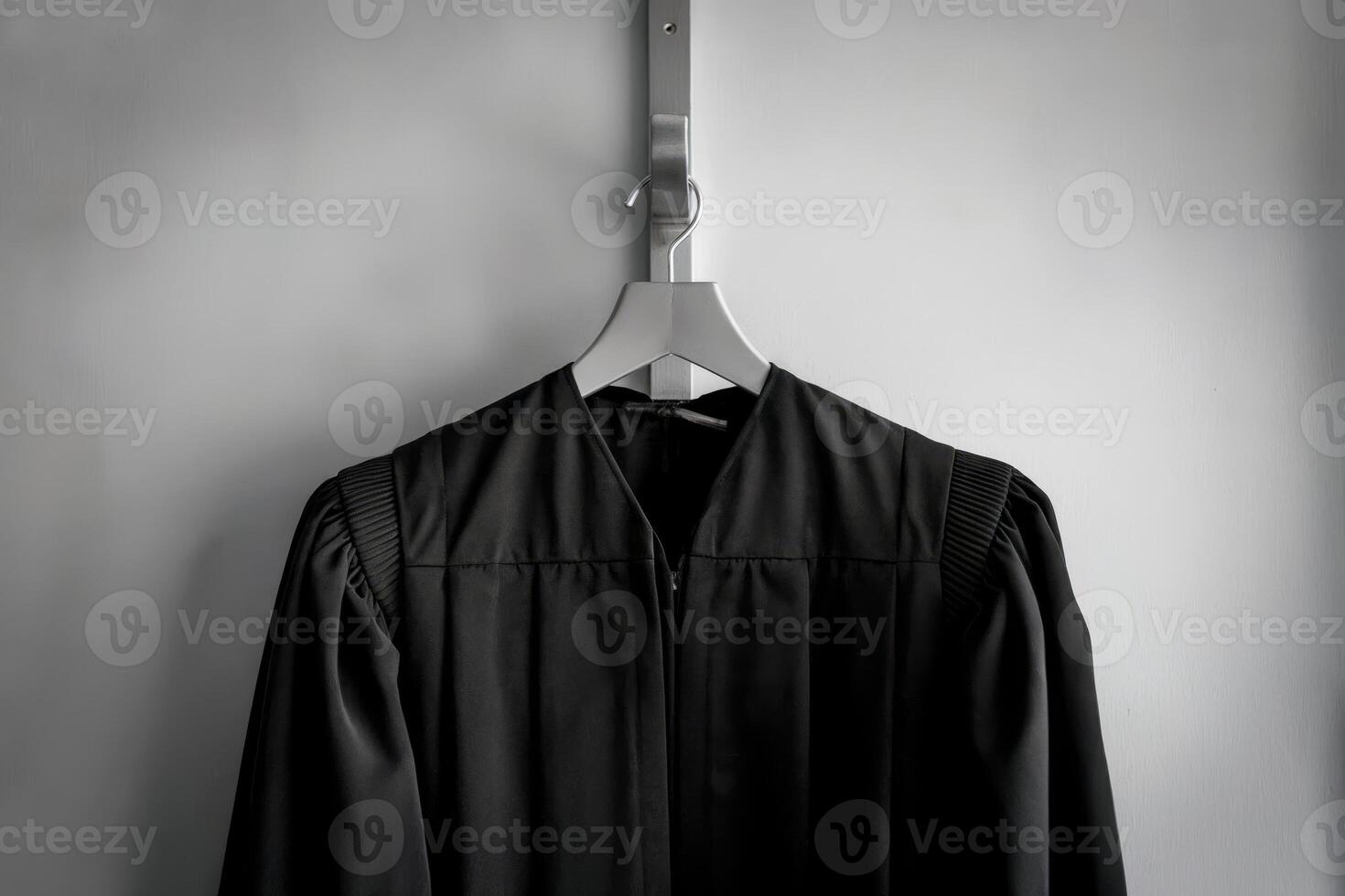 Black judge's robe hanging on a gray wall photo