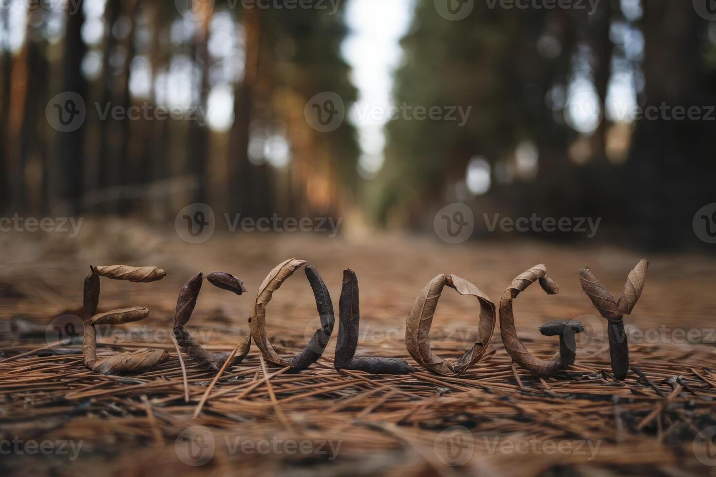 Ecology spelled out with natural materials in a serene forest setting. photo