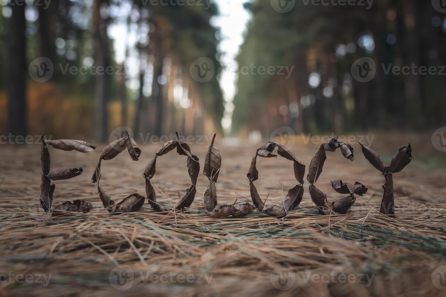 Word 'Ecology' spelled out with leaves in a peaceful forest setting. photo