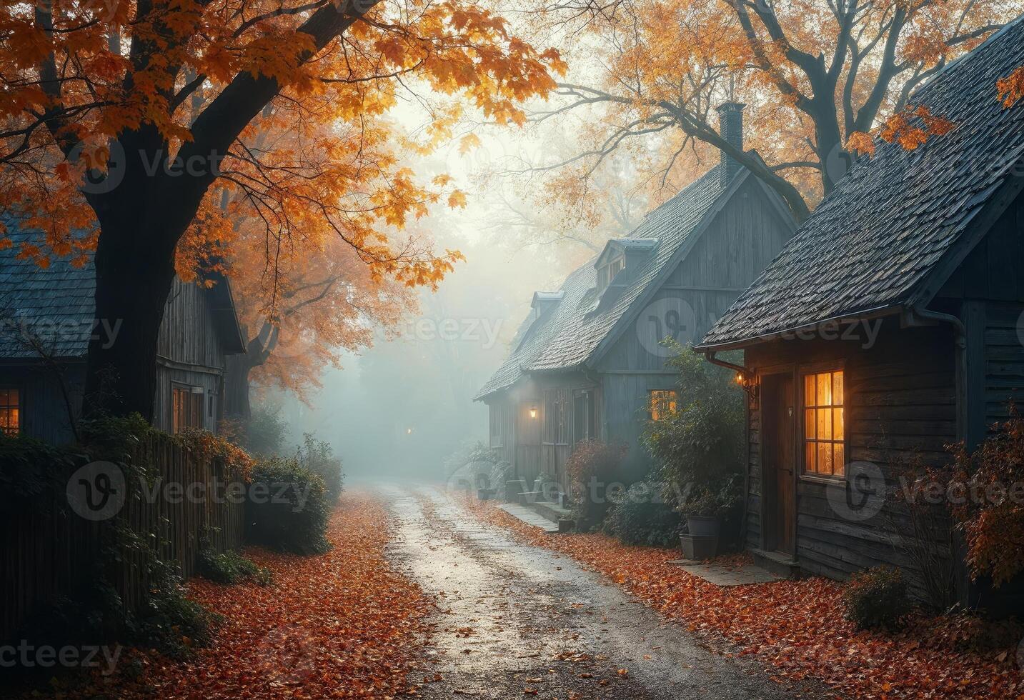 Quaint autumn village with fog and colorful leaves lining the path. photo