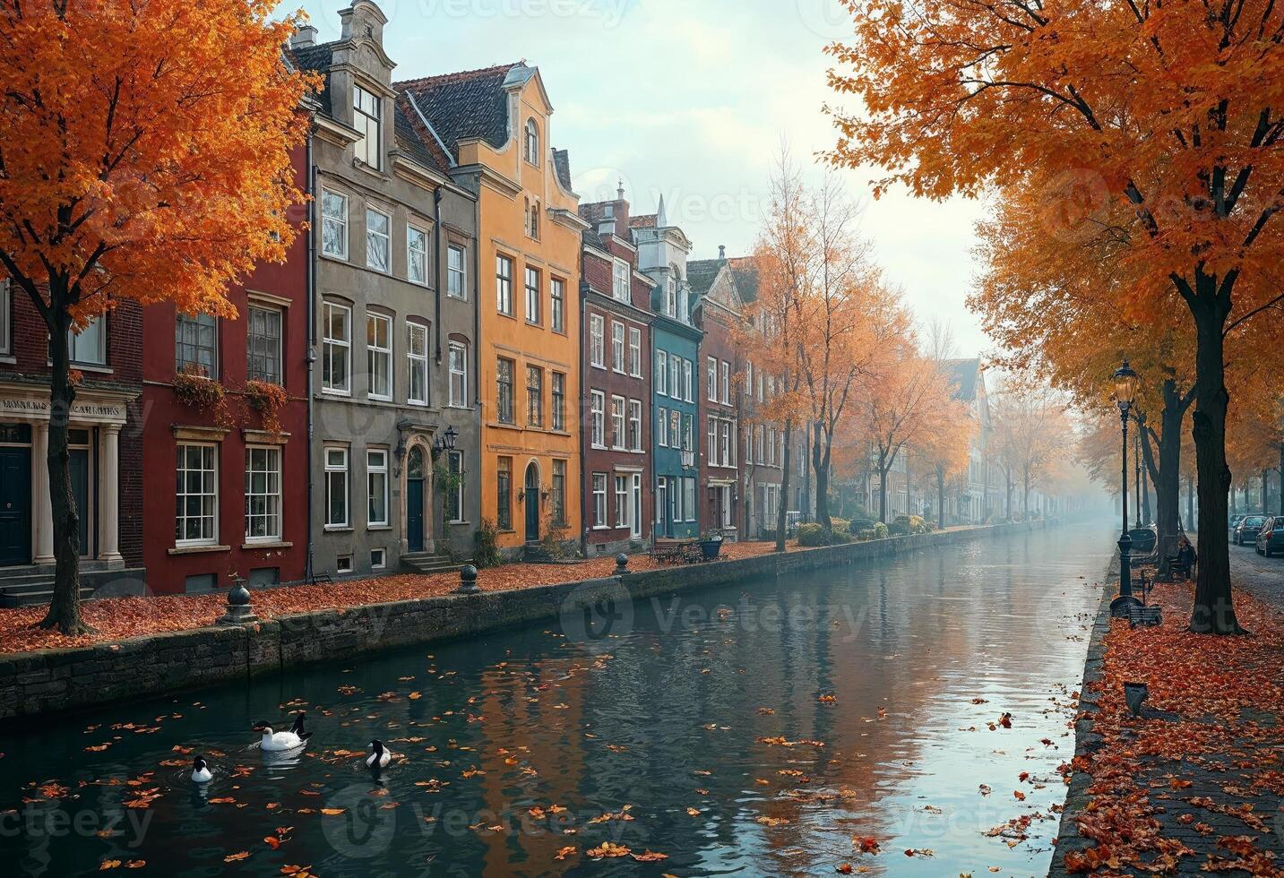 Historic canal with colorful houses and fall foliage on a misty morning. photo