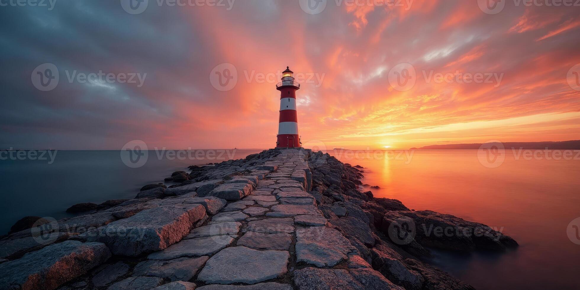 Lighthouse standing tall during a vibrant sunset over a rocky shoreline. photo