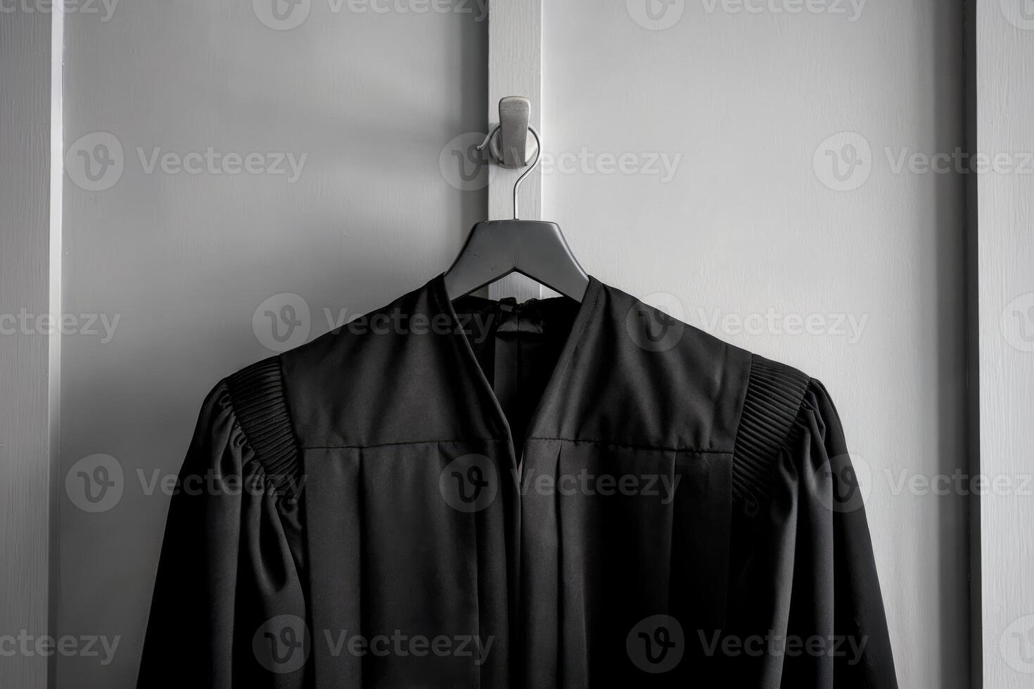 Black judge's robe hanging on a hook against a light gray wall. photo