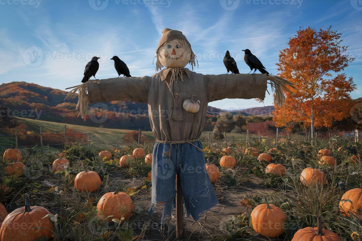 Scarecrow in a pumpkin patch with crows, autumn colors, and rolling hills. photo